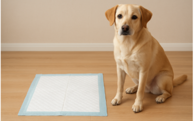 Yellow Labrador dog sitting next to dog training pad